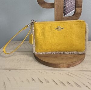 COACH Shearling Wristlet Yellow Pebbled Leather, Yellow, EUC